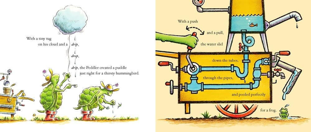 The Peddler of Puddles illustration showing the Peddler making puddles to delight forest friends like frogs and hummingbirds.