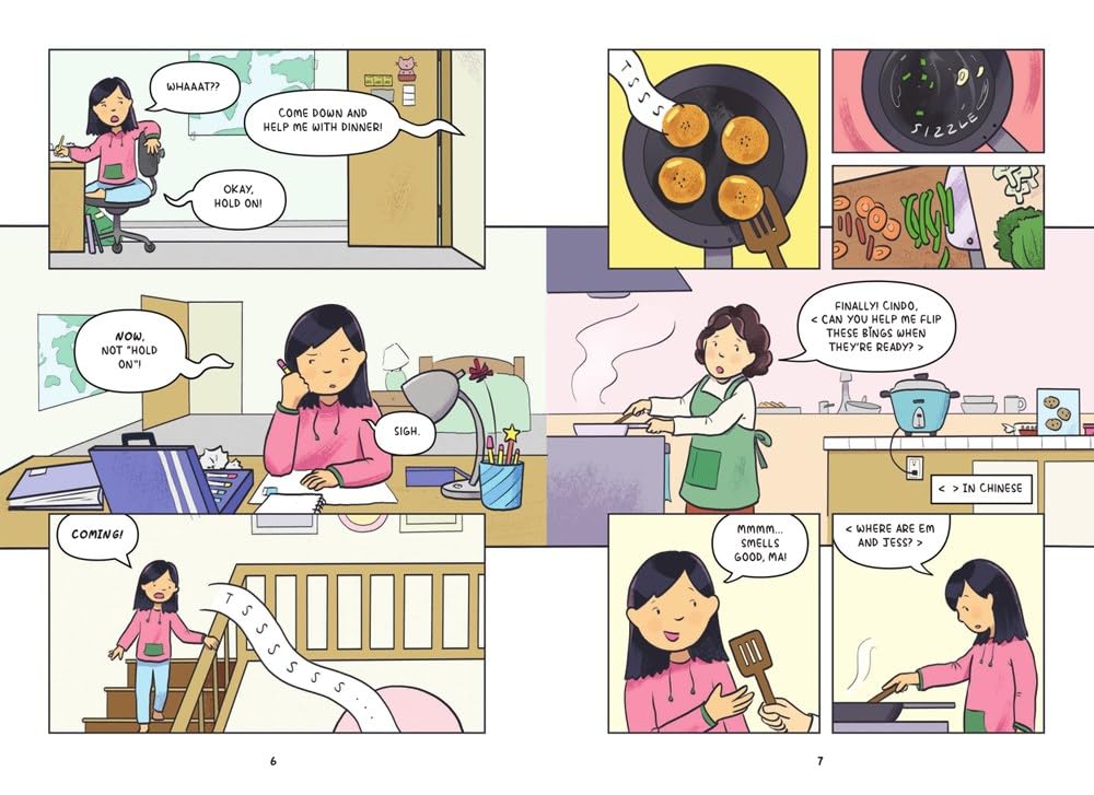 How to Draw a Secret shows Cindy drawing while managing family secrets and helping with dinner in a cozy kitchen.