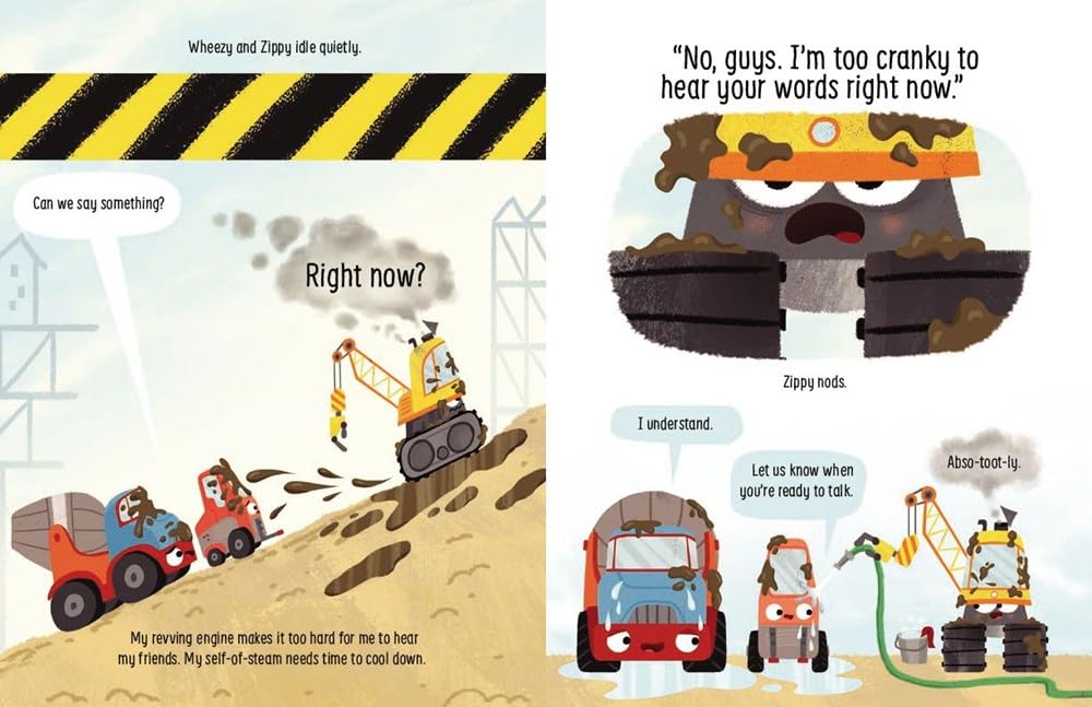 Illustration from Cranky showing construction vehicles with big feelings on a construction site, highlighting friendship and emotions.