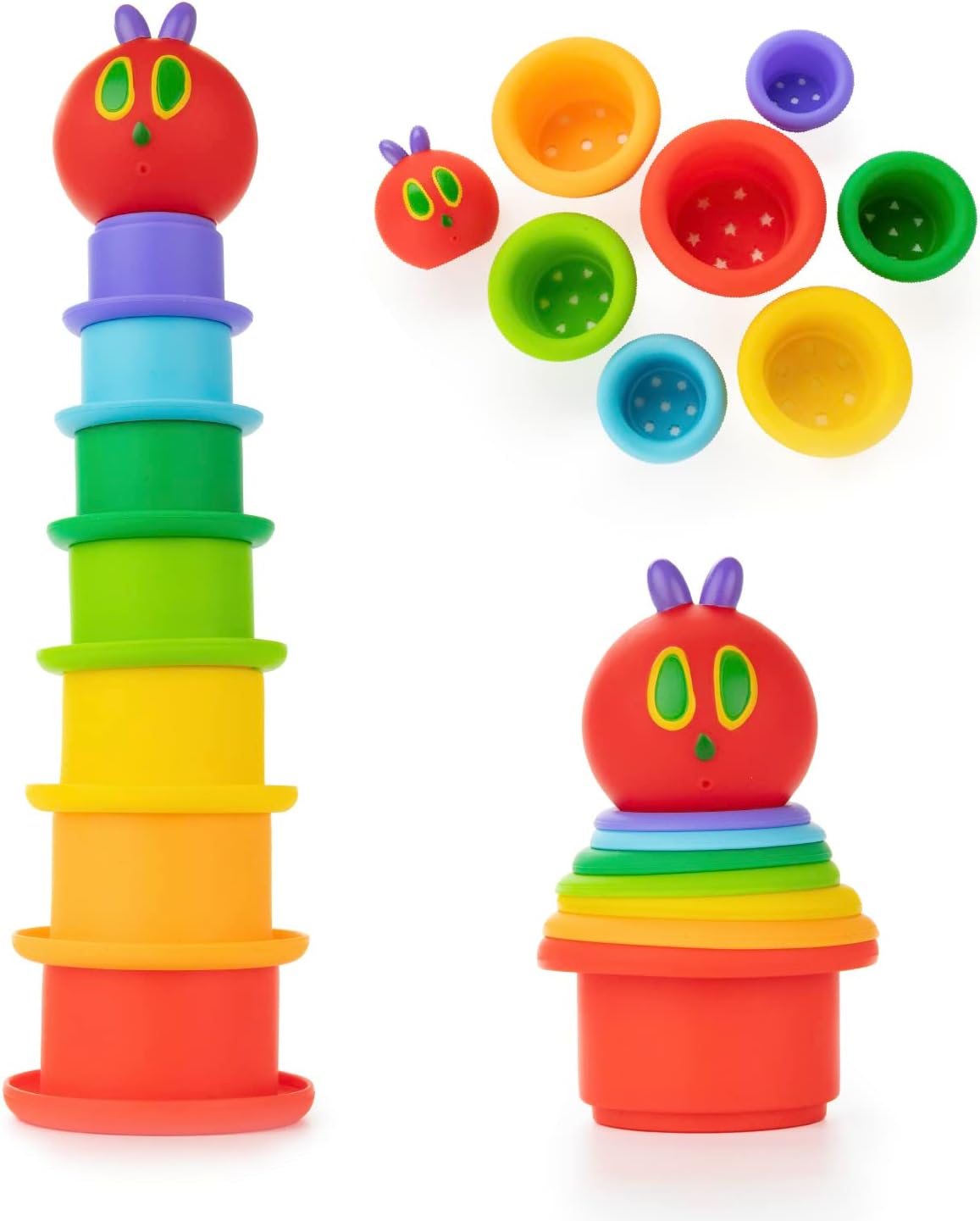The Very Hungry Caterpillar Bath Stacking Cups colorful silicone stacking and squirting bath toys set for toddlers.