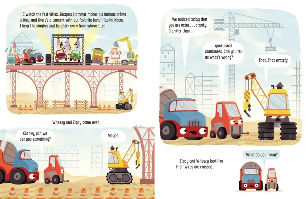 Open pages of Cranky showing colorful trucks at a construction site with playful illustrations and text about friendship.