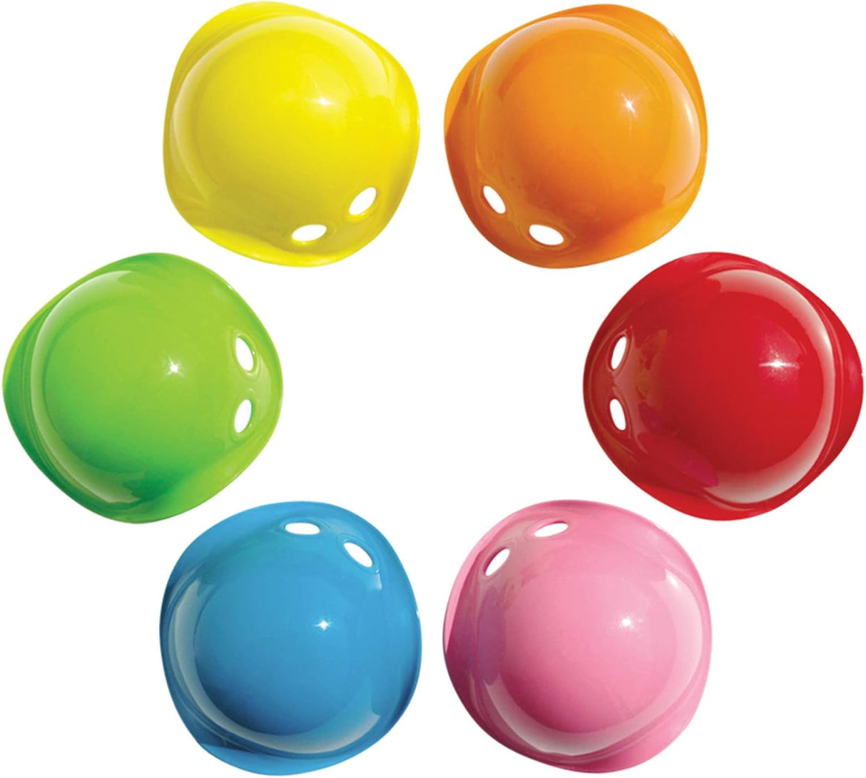 Colorful set of six Bilibo Mini toys arranged in a circle, perfect for creative open-ended play.