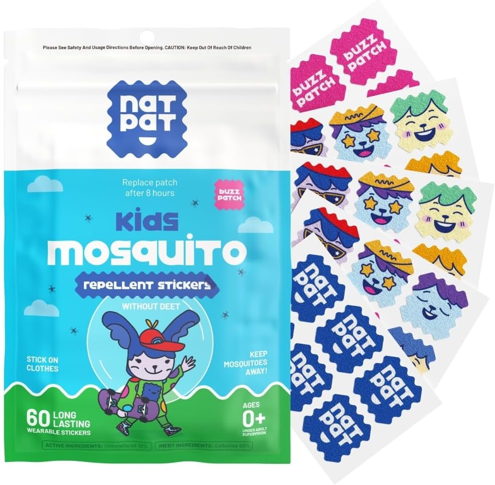 Natpat | Buzzpatch Mosquito & Insect Repellent Stickers package and colorful kids wearable stickers for mosquito protection.