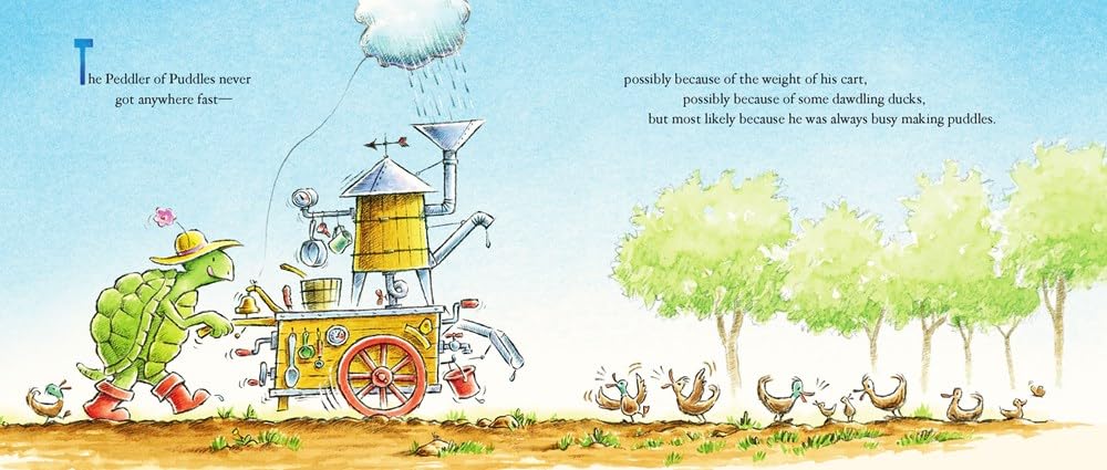 The Peddler of Puddles pushing a cart making puddles with ducks following on a sunny countryside path.