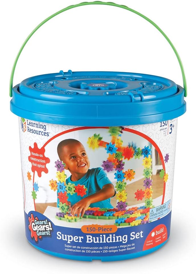 Colorful 150-piece gear building set in a blue bucket inspires creative hands-on fun for children aged three and up