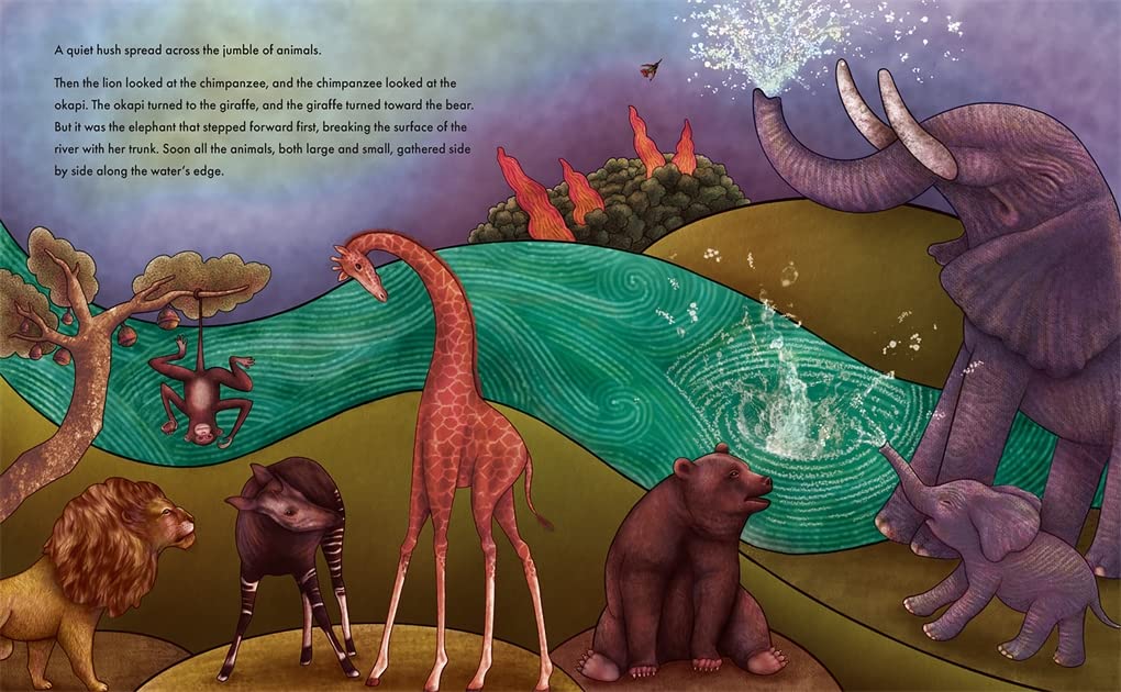 Illustration of animals by a river from The Courage of the Little Hummingbird picture book by Leah Henderson and Magaly Morales.