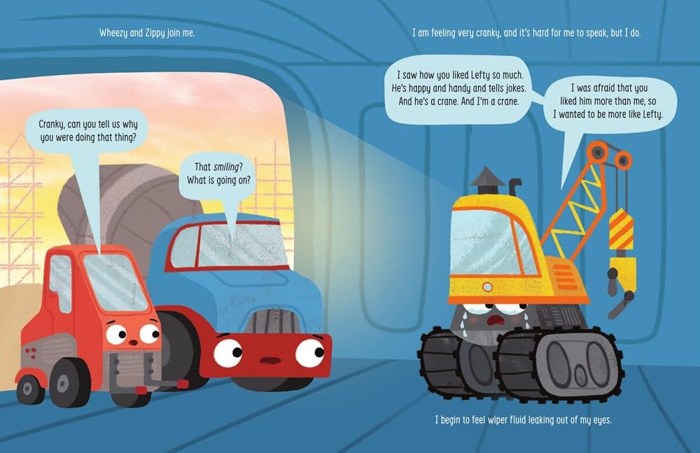 Illustration from Cranky Makes a Friend showing construction truck characters expressing emotions and friendship.