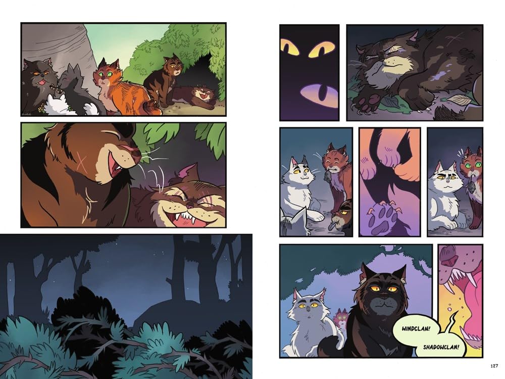 Graphic novel pages from Warriors #2: The Prophecies Begin showing warrior cats in a forest setting with intense expressions and dialogue.