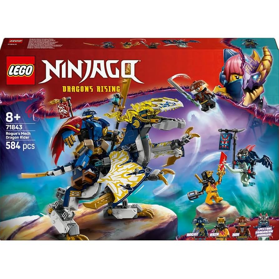 LEGO Ninjago set featuring a posable mech warrior riding a large robotic dragon with four minifigures and weapons.