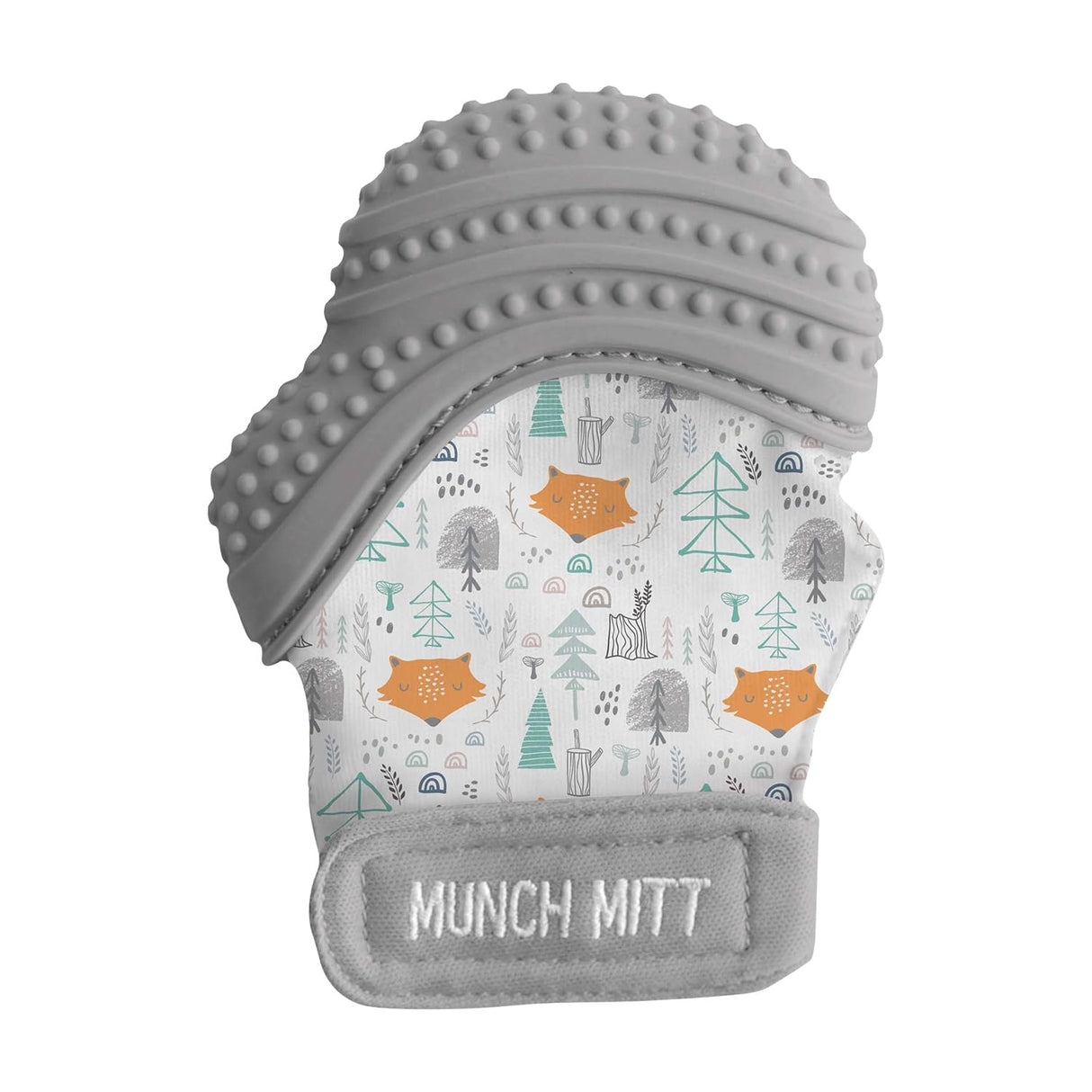 Munch Mitt | Grey Woodland baby teething mitt with textured silicone and adjustable strap for soothing sore gums.