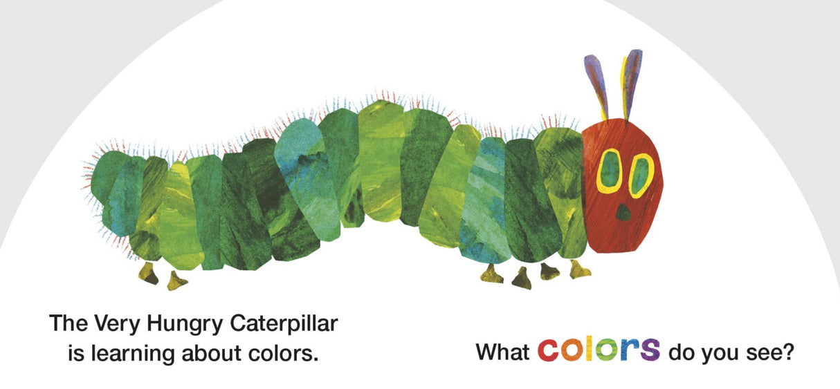 The Very Hungry Caterpillar's Rainbow Colors board book with bright green caterpillar illustration teaching colors.