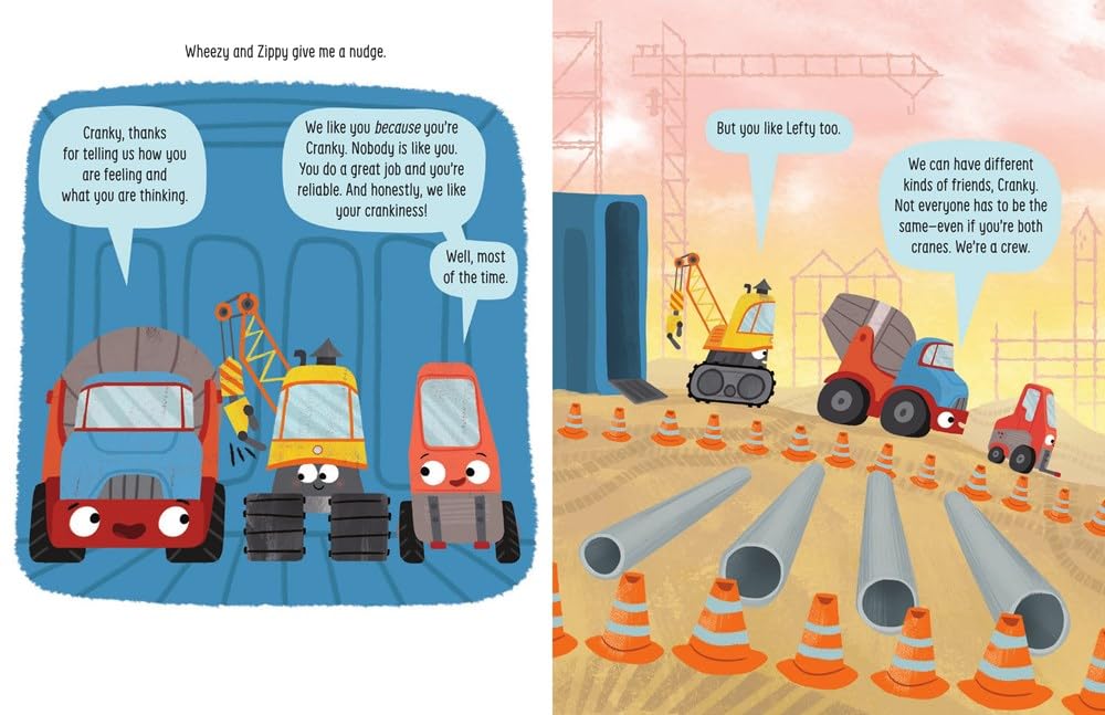 Illustration from "Cranky Makes a Friend" showing friendly construction trucks on a colorful building site.