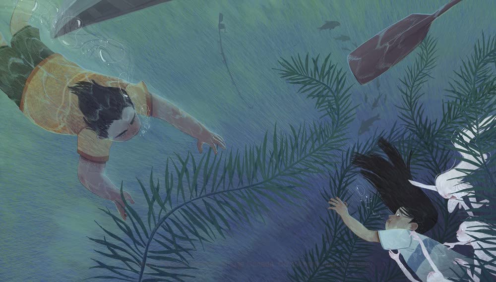 Illustration from The Song That Called Them Home showing children underwater near a grandparent in a canoe surrounded by aquatic plants.