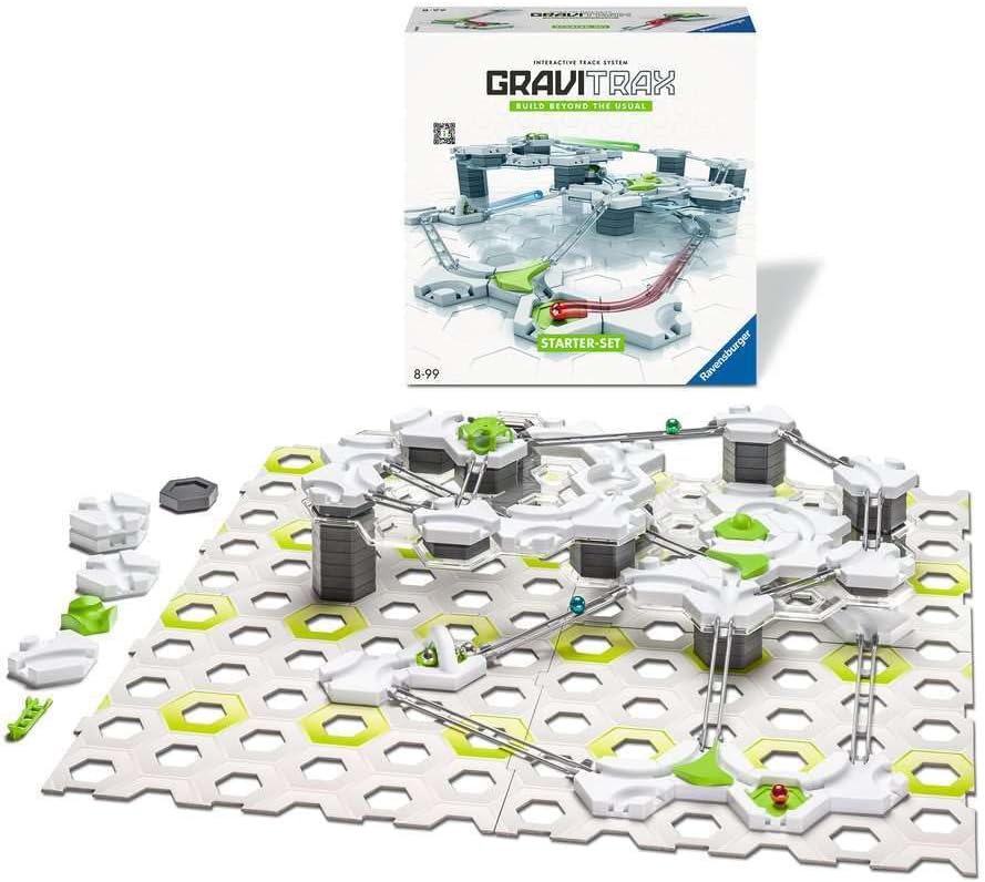 GraviTrax: Starter Set marble run with tracks, magnetic cannon, launchers, and interactive STEM building pieces on a hexagonal base.