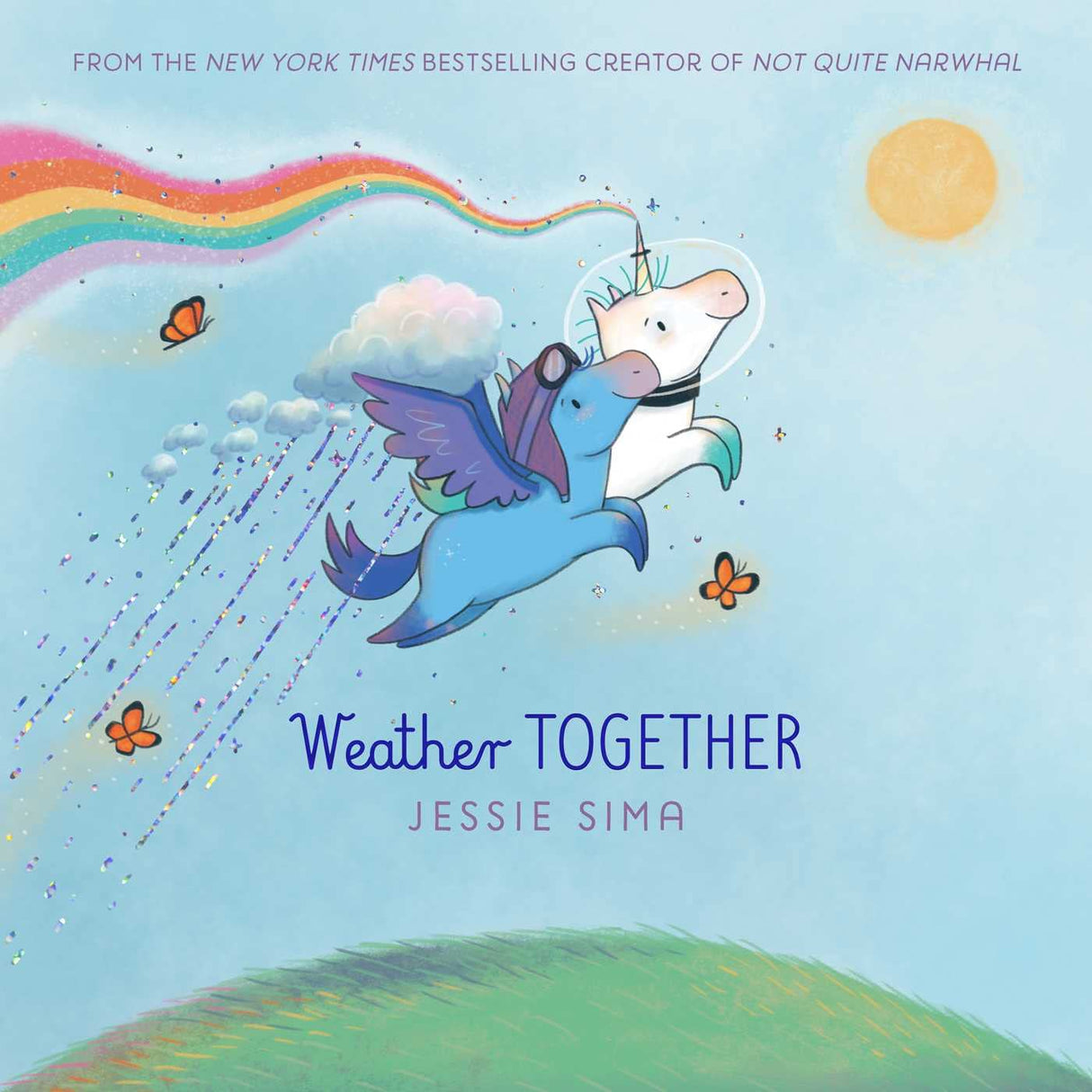 Weather Together book cover showing two flying unicorn friends with rainbows, clouds, and butterflies in the sky.