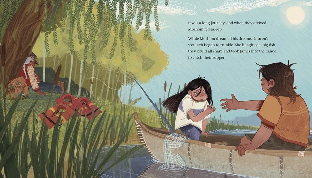 Illustration from The Song That Called Them Home showing children in a canoe fishing by the lakeside with their grandfather nearby.