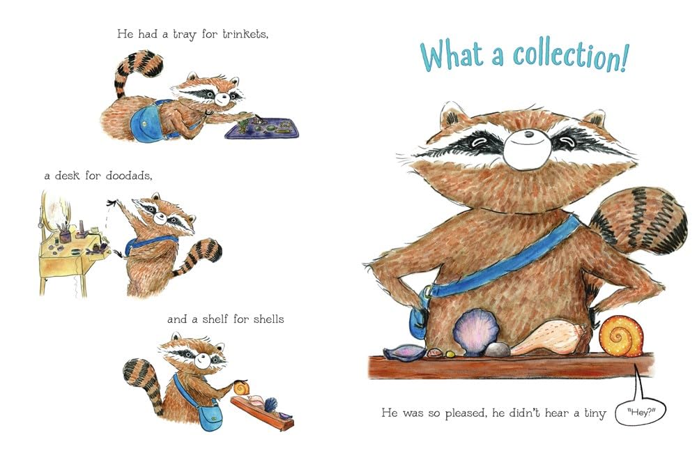 Robinson's New Thing shows Robinson the raccoon proudly displaying his unique collection of shells and trinkets.