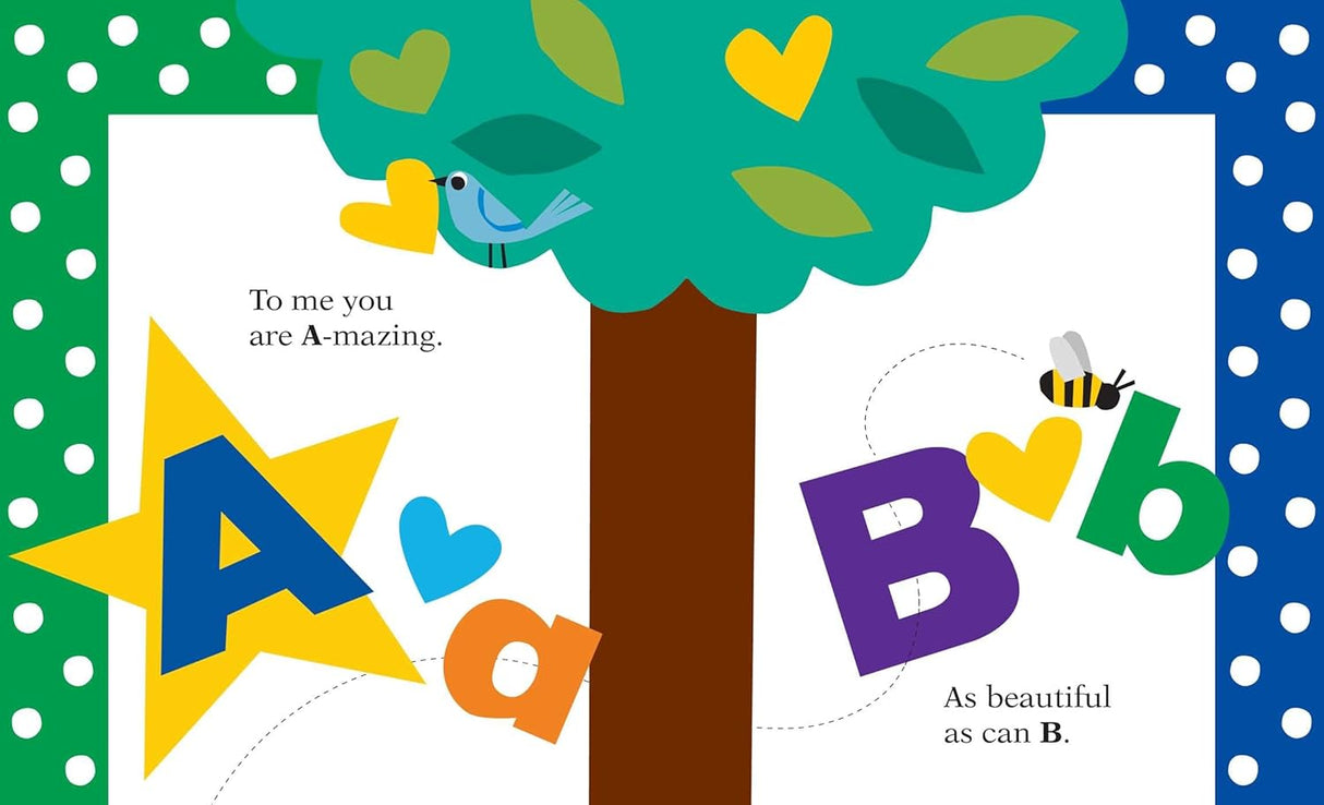 Chicka Chicka I Love Dad showing colorful letters A and B with hearts, bee, and bird in a playful alphabet design.