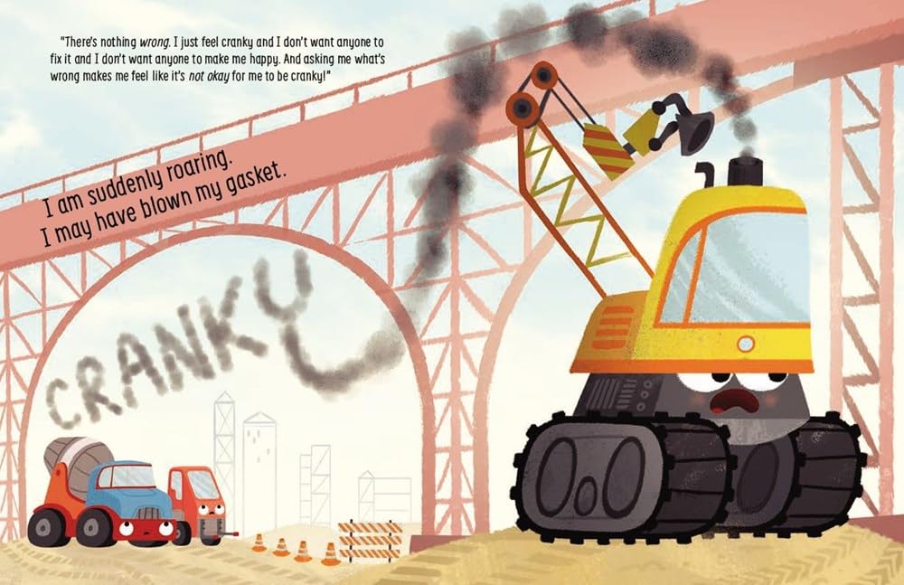 Illustration from Cranky showing a sad yellow crane truck and two smaller friendly trucks at a construction site.