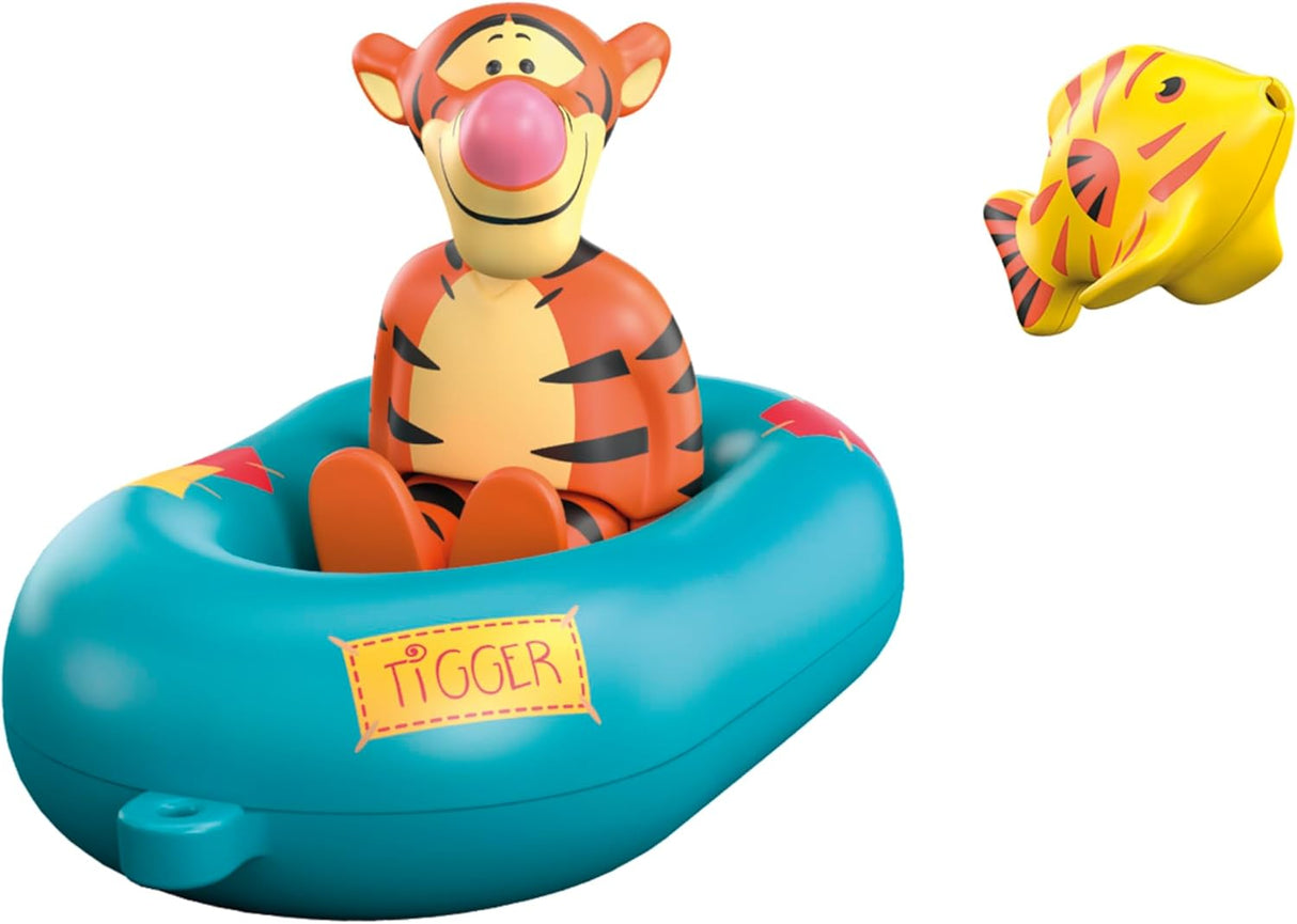 Junior Tigger's Boat Ride features a floating inflatable boat with Tigger and a playful tiger fish bath toy.