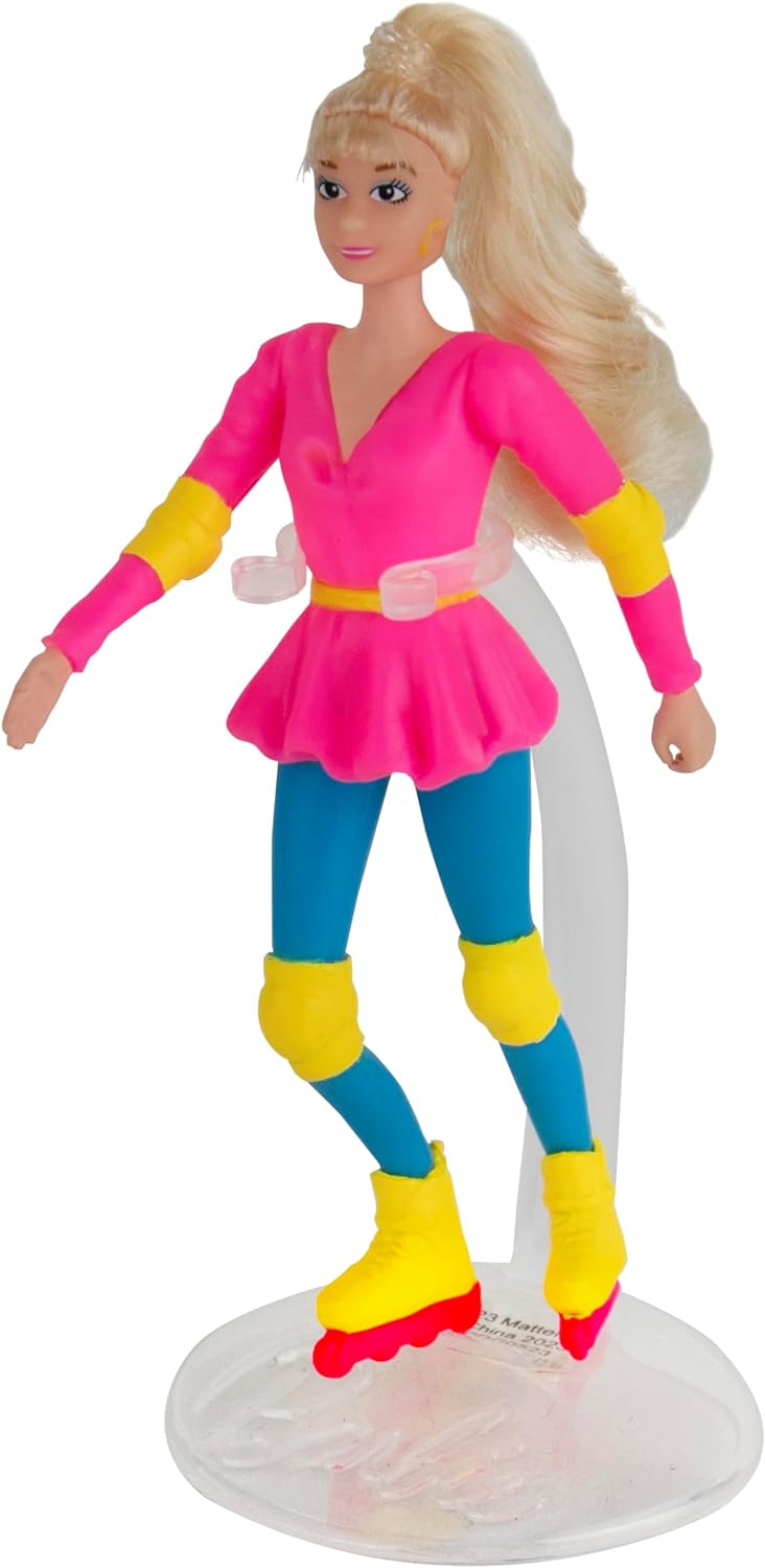 World's Smallest Barbie rollerblade doll wearing pink top and blue leggings with yellow pads and boots.
