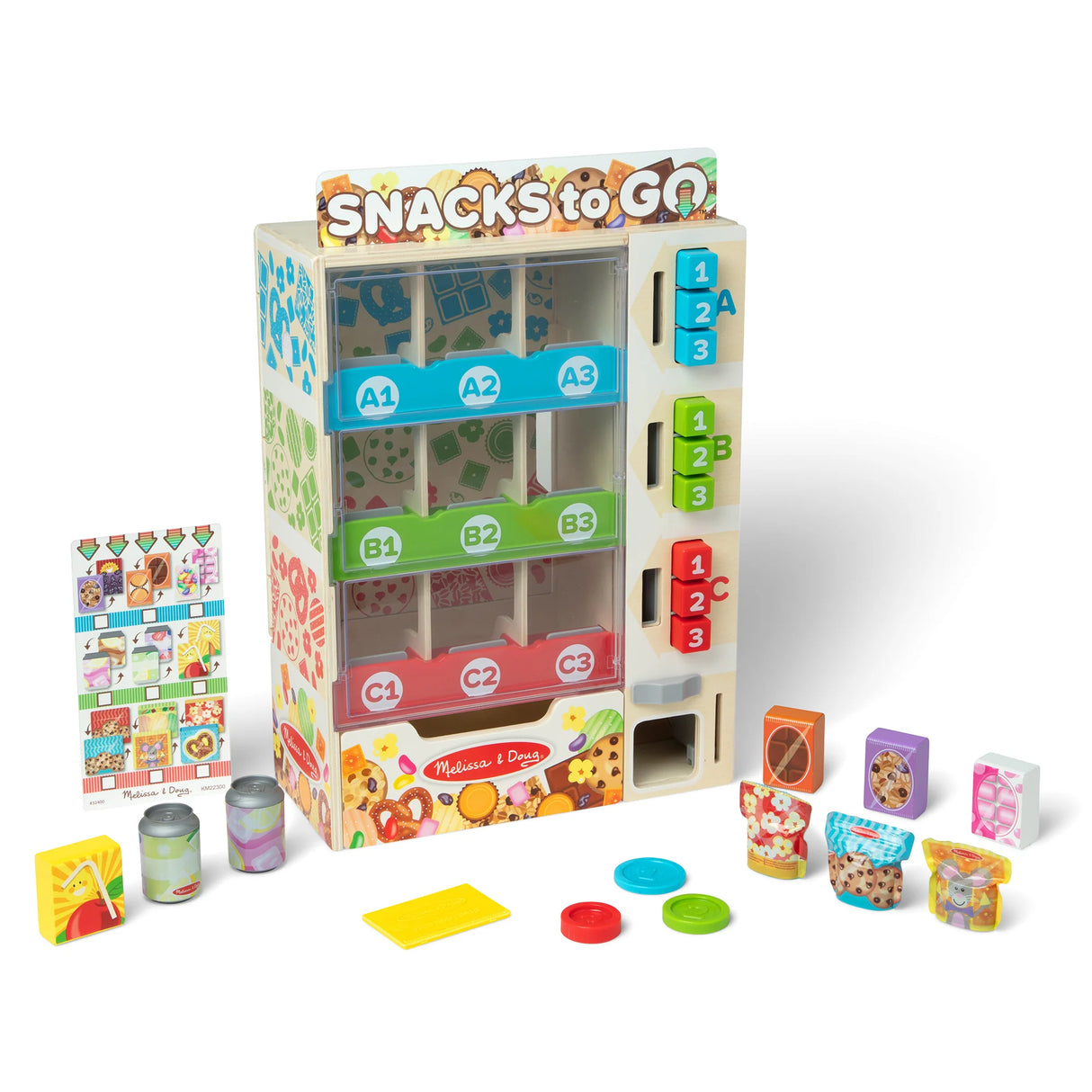 Wooden vending machine toy with colorful buttons and play food packages including snacks and drinks for imaginative play