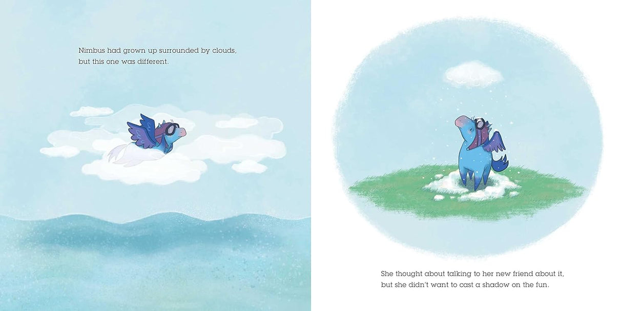 Illustration from Weather Together showing Nimbus flying through clouds and standing with Kelp under a blue sky and small cloud.