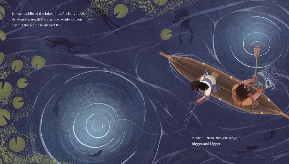 Illustration from The Song That Called Them Home showing children fishing in a canoe on a swirling lake at night.