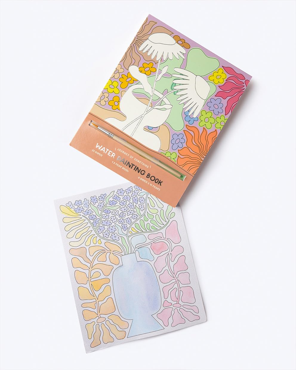 Water Painting Book with floral designs and a brush, featuring colorful and detailed line art for creative painting.