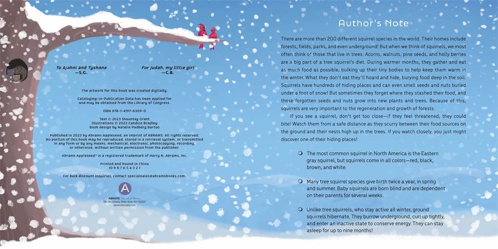 Snowy Mittens - A Winter Adventure picture book pages with author’s note about squirrels in winter.