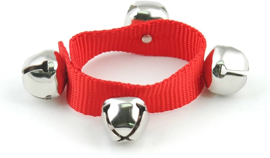 Jingleband Wrist & Ankle Bells with 4 silver jingle bells on a red fabric strap with adjustable velcro closure.