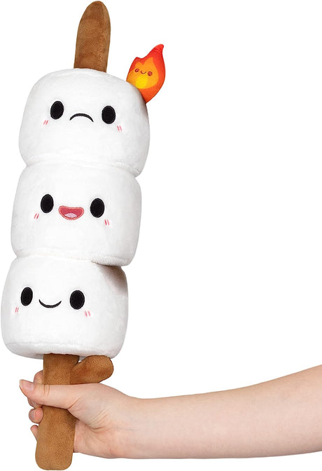 Hand holding Marshmallow Stick Mini plush toy with three cute marshmallows and a small flame on a stick.
