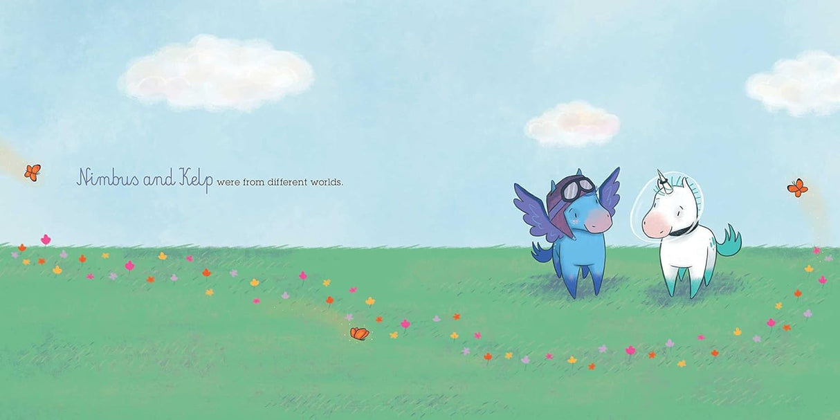 Illustration of Nimbus and Kelp on a grassy field under clouds in the Weather Together children's book.