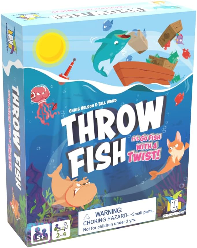 Throw Fish game box featuring colorful sea creatures and playful underwater scene for family fun card game.