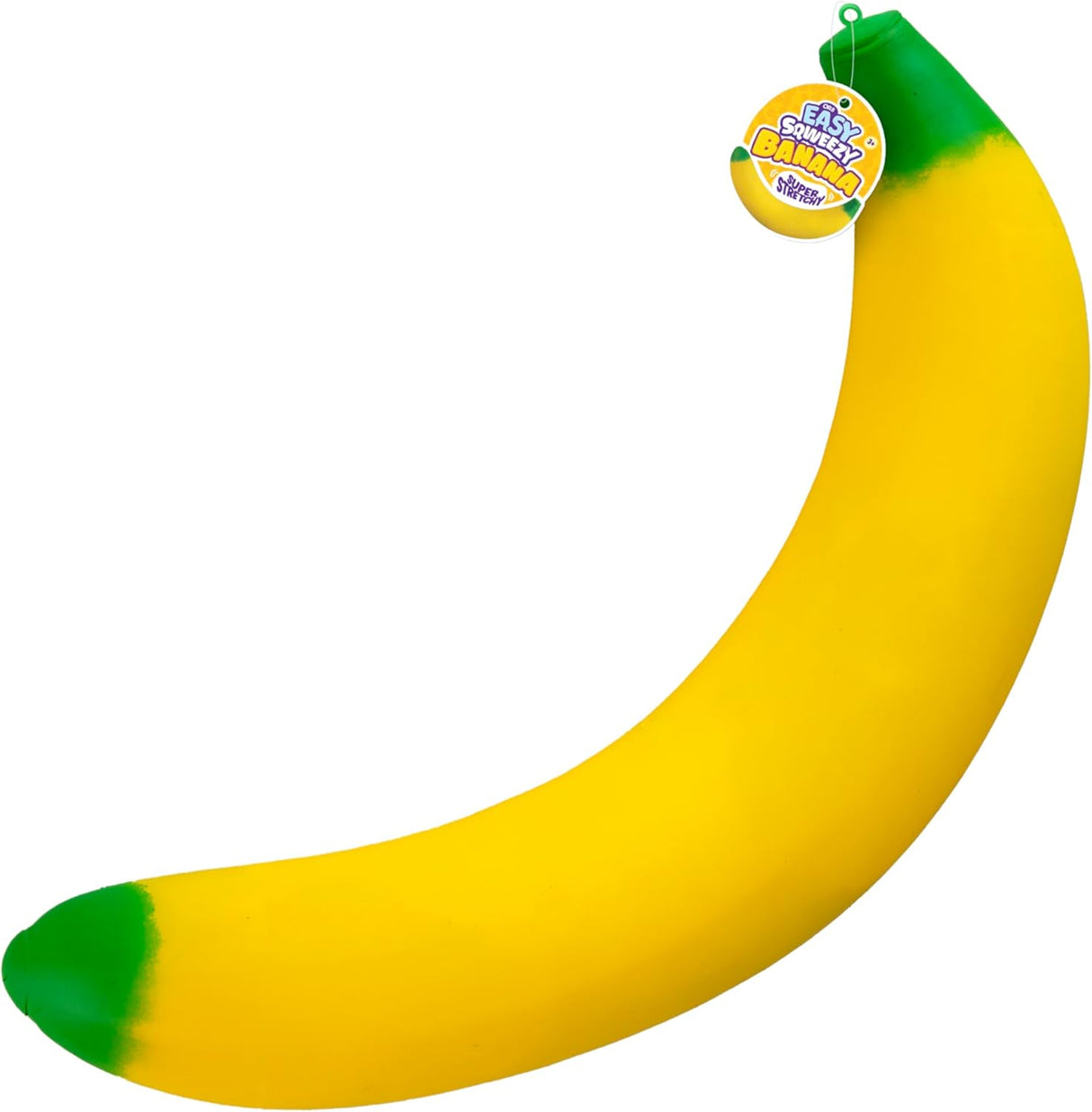Bright yellow stretchy jumbo banana toy with green tips and Easy Sqweezy label attached at top