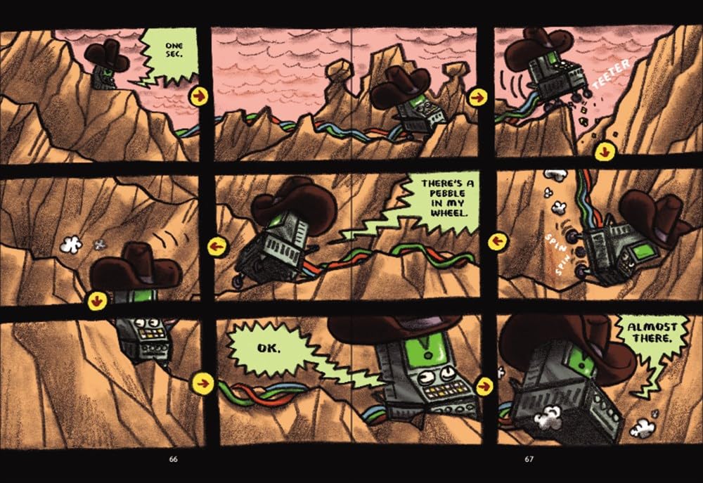 First Cat in Space and the Soup of Doom graphic novel page showing a cowboy hat-wearing robot navigating rocky terrain.