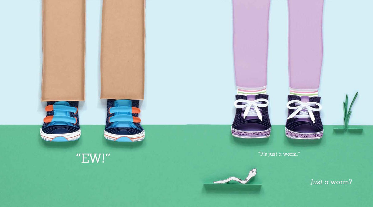Illustration from Just A Worm showing children’s feet next to a small worm on grass with quotes “EW!” and “It’s just a worm.”