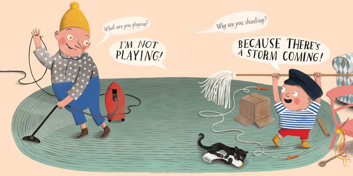 Illustration from Ahoy! showing child captain and parent first mate imagining a storm with household items as ocean gear.