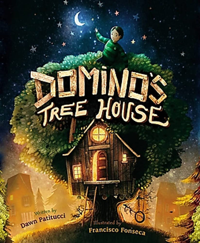 Domino's Tree House cover shows a boy sitting atop a large tree house under a starry night sky.