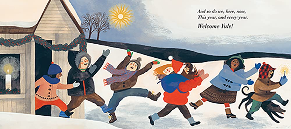 The Shortest Day illustration of children joyfully walking in winter, celebrating light and warmth on the shortest day.