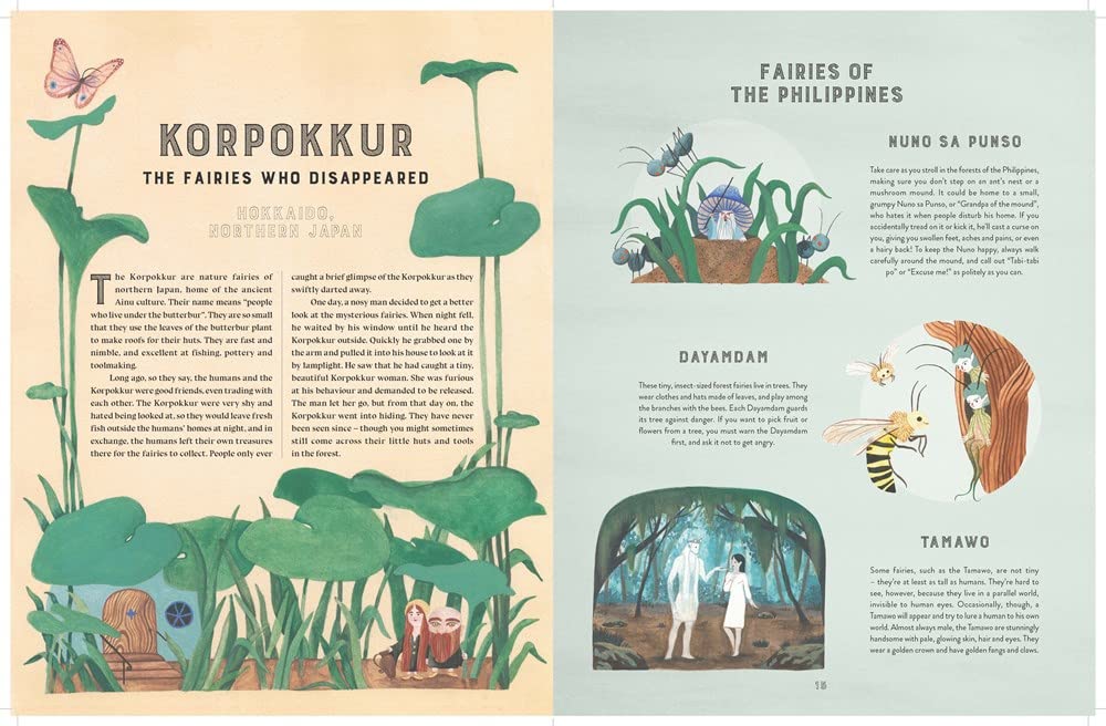 Fairy Atlas book open to illustrated pages featuring Koropokkuru and fairy tales from the Philippines for kids ages 6-10.