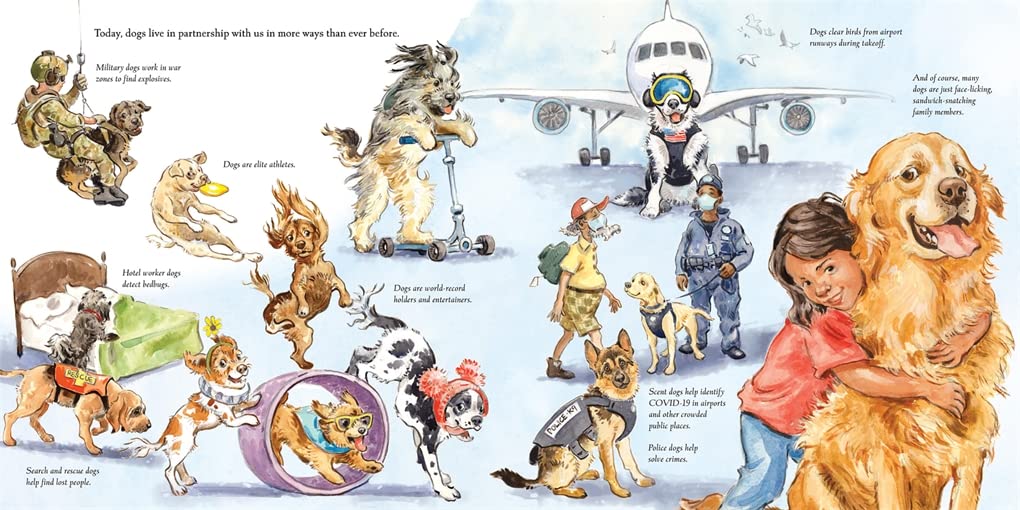 Illustration from Dogs: A History of Our Best Friends showing dogs in various roles with humans throughout history.