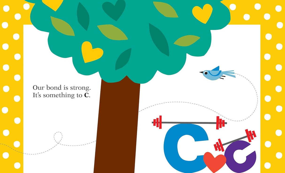 Chicka Chicka I Love Dad illustration with a tree, heart, letter C, blue bird, and text about a strong bond.