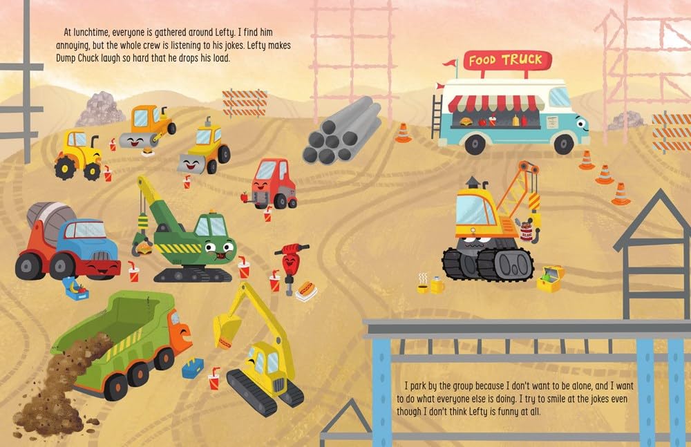 Illustration from Cranky Makes a Friend showing colorful construction trucks at a busy site with a food truck in the background.