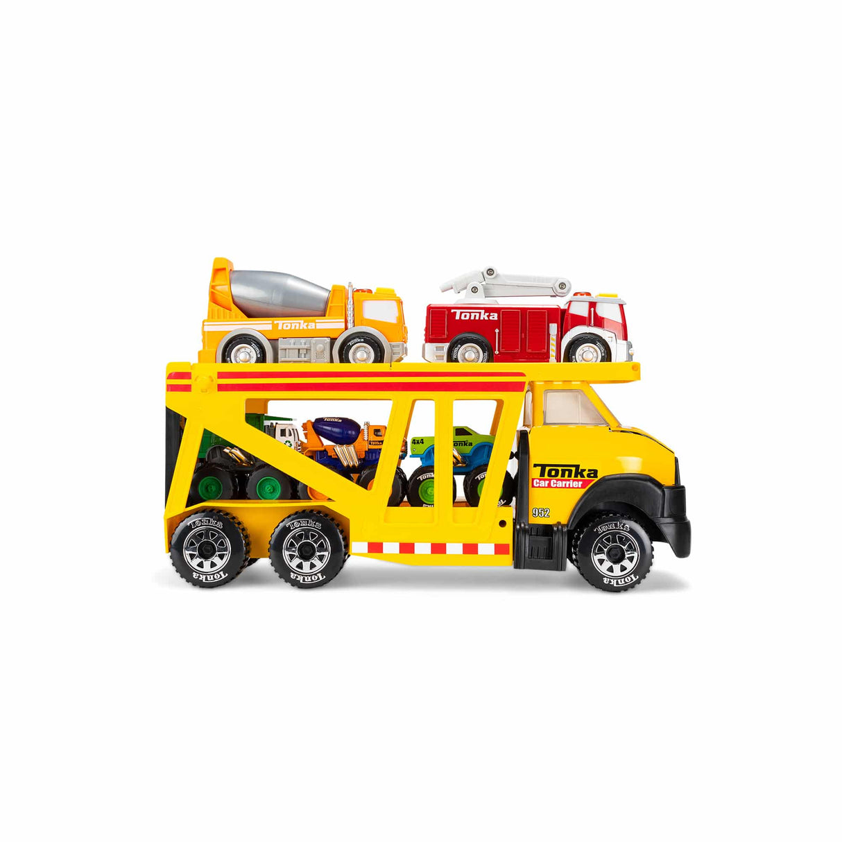 Tonka Car Carrier toy truck in yellow with three detailed vehicles loaded for imaginative play.