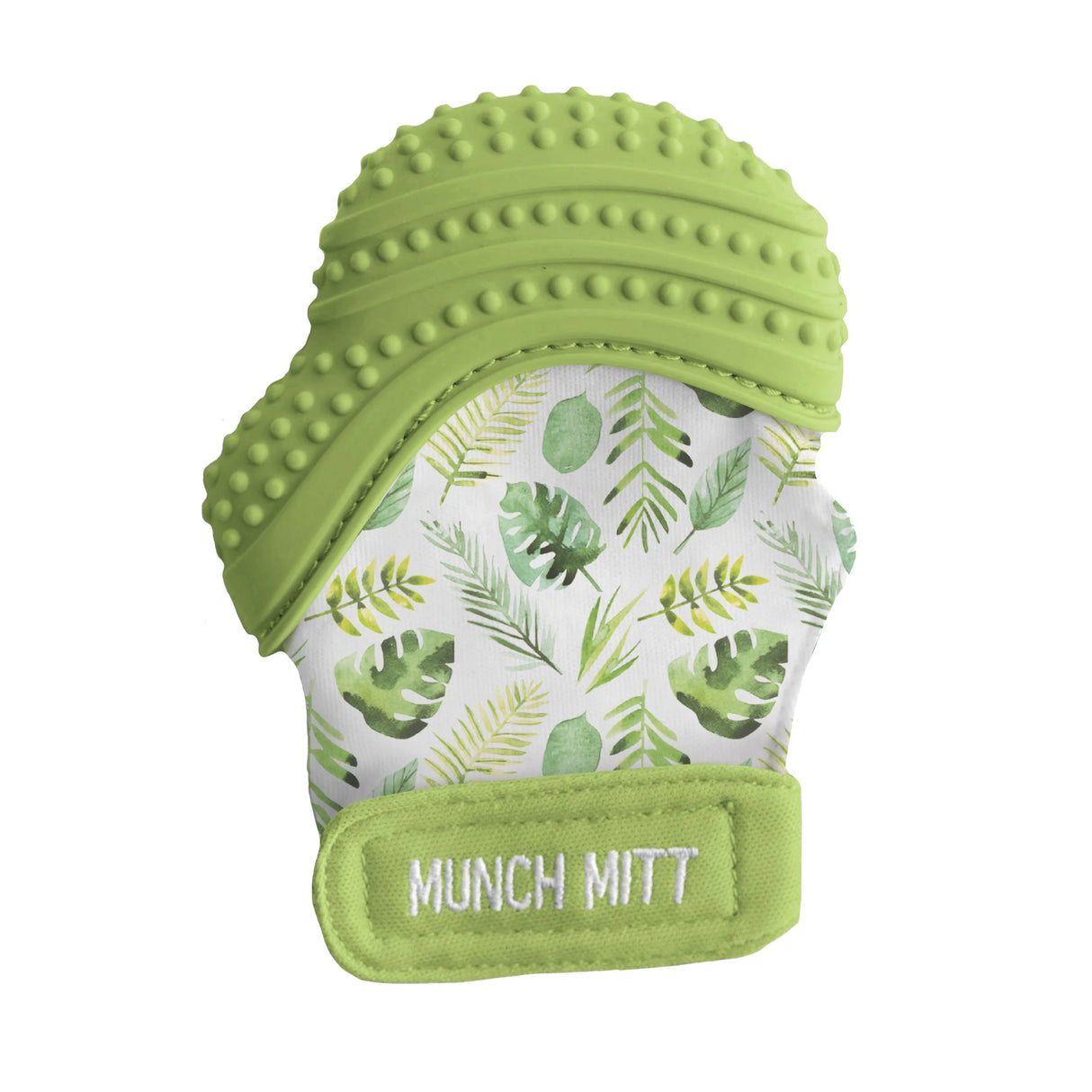 Munch Mitt | Tropical teething mitten with textured silicone top and adjustable strap for hands-free baby gum soothing.