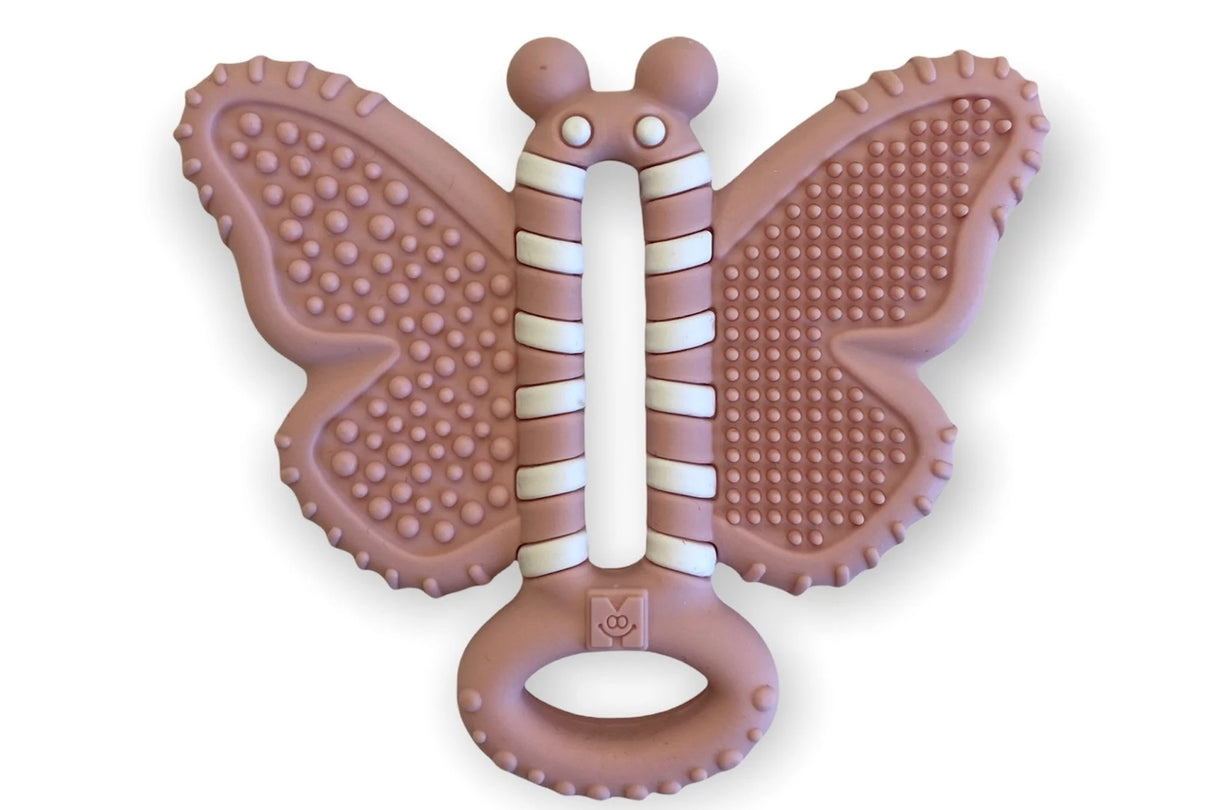 Butterfly-shaped Toothbrush Teether designed for babies' gums, lips, and tongue with a safe silicone teething ring handle.