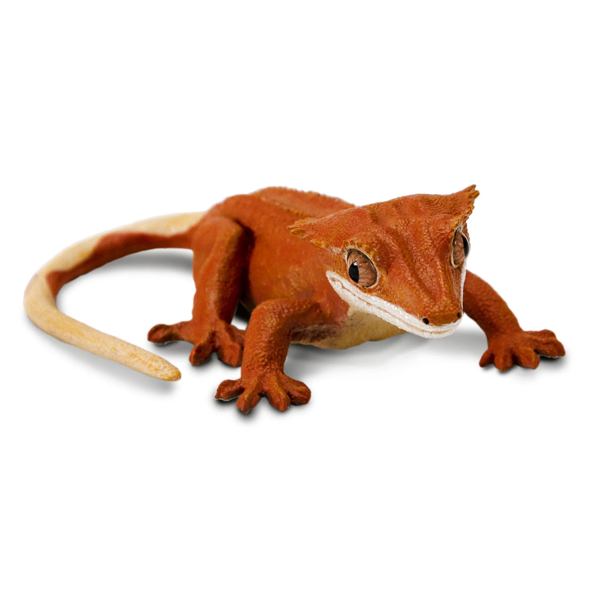 Crested Gecko figurine showing detailed orange and cream colors with textured scales and lifelike eyes in 1:1 scale.