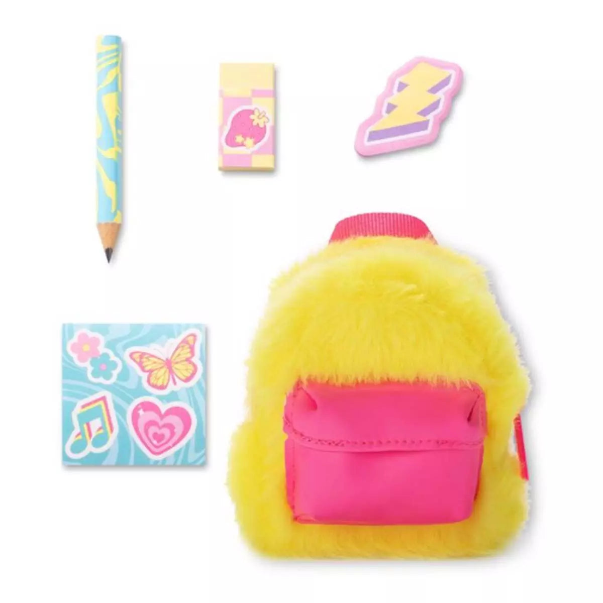 Small yellow and pink fuzzy backpack with mini pencil eraser sticker sheet and sticky notes set