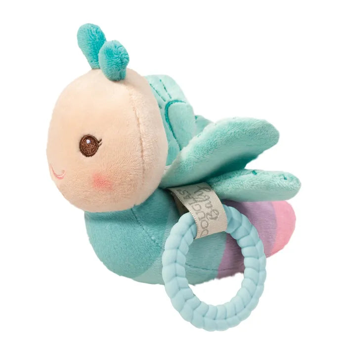 Rattle Dreya Dragonfly plush toy with textured silicone teething ring and crinkly wings for babies.
